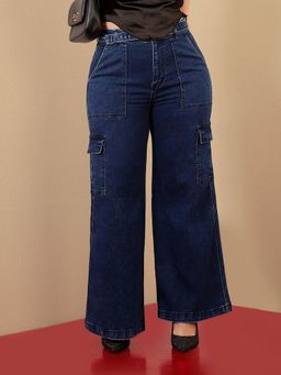 Miss Chase - A+ Curve Collection Plus Size Womens Blue Wide-Leg Cargo Denim Jeans