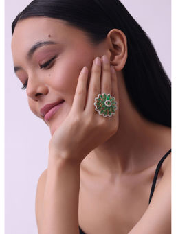 KALKI FASHION - Two Tone Finish Ring Studded With Diamonds And Emerald Stones