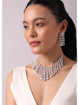 KALKI FASHION - Silver Finish Dangling Necklace With Diamonds Earrings