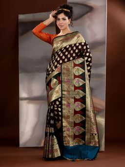 CHARUKRITI - Dark Chocolate Katan Silk Zari Handwoven Saree with Unstitched Blouse