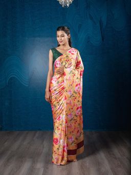 EXCLUSIVA - Yellow Floral Satin Crepe Digital Print Saree with Unstitched Blouse