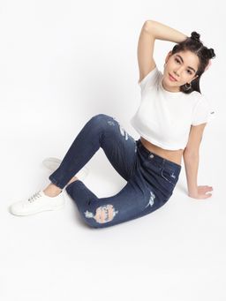 Belliskey - Womens Dark Blue Denim Slim Fit Solid Distress Jeans