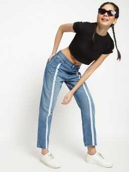 Belliskey - Womens Mid Blue Denim Relaxed Fit Solid Jeans