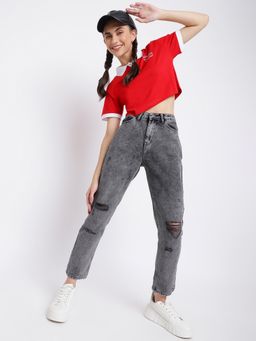 Belliskey - Womens Grey Denim Solid Boyfriend Fit Distress Jeans