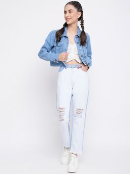 Belliskey - Womens Mid Blue Solid Crop Length Denim Jacket