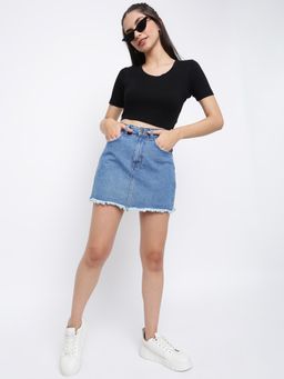 Belliskey - Womens Dark Blue Solid Mini Length Straight Denim Skirt