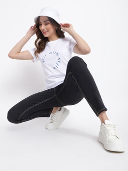 Belliskey - Womens Printed White Cotton Regular Fit Half Sleeve T-Shirt