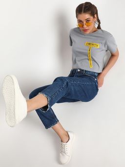 Belliskey - Round Neck Cotton Grey Half Sleeve Crop T-Shirt for Women