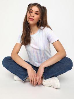 Belliskey - Pink & Blue Tie Dye Half Sleeve Cotton T-Shirt for Women