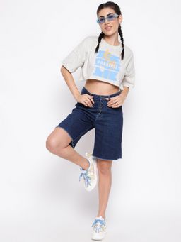 Belliskey - Womens Light Grey Cotton Loose Fit Crop Length Printed T-shirt