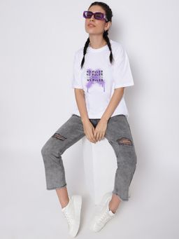 Belliskey - Womens White Cotton Loose Fit Printed T-shirt