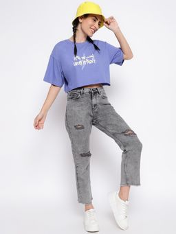 Belliskey - Womens Lavender Cotton Loose Fit Crop Length Printed T-shirt