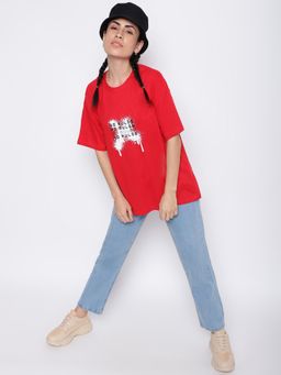 Belliskey - Womens Urban Red Cotton Loose Fit Printed T-shirt