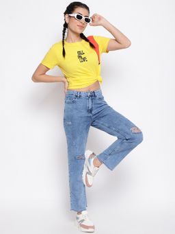 Belliskey - Womens Yellow Cotton Regular Fit Printed T-shirt