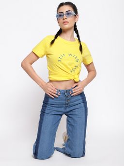 Belliskey - Womens Yellow Cotton Regular Fit Solid T-shirt
