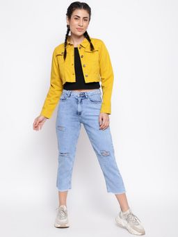 Belliskey - Womens Golden Mustard Solid Crop Length Denim Jacket