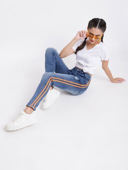 Belliskey - Womens Mid Blue Denim Skinny Fit Solid Distress Jeans