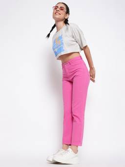 Belliskey - Womens Pink Denim Mom Fit Solid Jeans