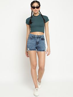 Belliskey - Women's Dark Blue High Rise Ribbed Denim Shorts