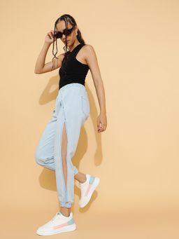 Belliskey - Women Light-blue Denim Side Slit Joggers