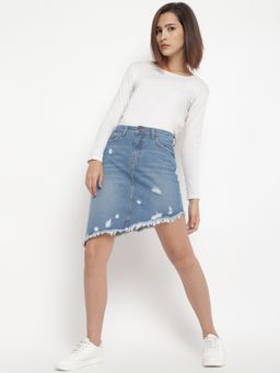 Belliskey - Women Asymmetrical Mid-blue Denim Skirt