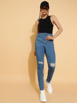 Belliskey - Women Mid Blue Distressed Super High Waist Skinny Jeans