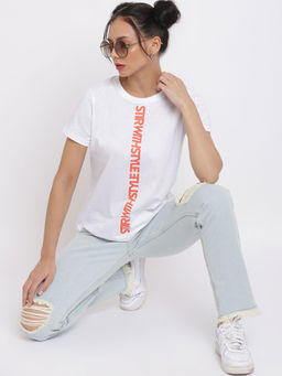 Belliskey - Women Bright White Cotton Printed T-shirt