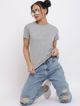 Belliskey - Women Grey Cotton Solid T-shirt