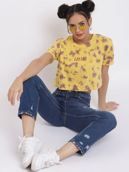 Belliskey - Women Mustard Cotton Tie & Dye Crop T-shirt
