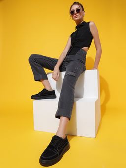 Belliskey - Womens Dark Grey Denim Straight Fit Distressed Jeans