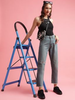 Belliskey - Womens Grey Denim Mom Fit Distress Jeans