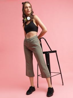 Belliskey - Womens Olive Denim Cropped Fit Solid Jeans