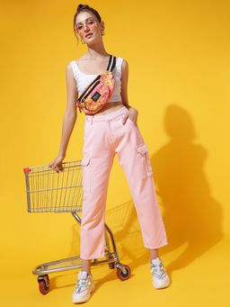 Belliskey - Womens Light Pink Denim Solid Cargo Fit Solid Jeans