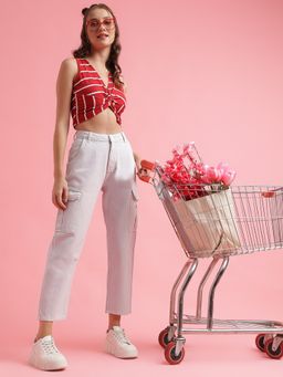 Belliskey - Womens Off White Denim Solid Cargo Fit Solid Jeans