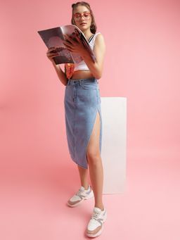 Belliskey - Womens Blue Solid Knee Length Straight Denim Skirt