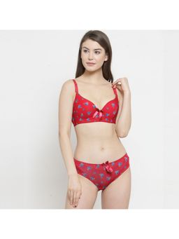 PrettyCat - Elegant Floral Print Back Lace Bra - Red