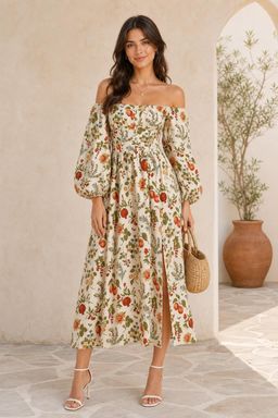 Cider - Fruit and Floral Off-Shoulder Slit Maxi Dress