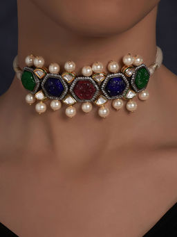 Joules By Radhika - Multi Carved Stones Necklace on Off White Silk Thread