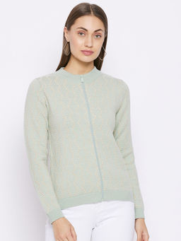 Madame - Women Green & Cream-Coloured Cable Knit Cardigan