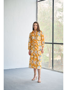 CINCIN Fashion - Mustard Poplin Pleated Midi Shirt Dress