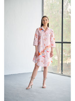 CINCIN Fashion - Printed Pink Poplin Aerial Mini Shirt Dress