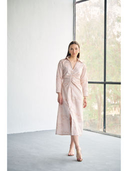 CINCIN Fashion - Poplin Pink Horse Printed Pleated Shirt Midi Dress