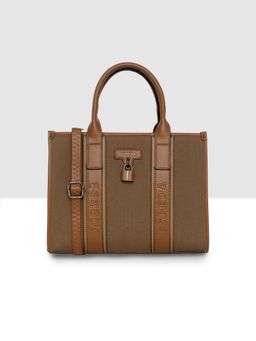 ESBEDA - Brown Lock Detail Structured Handbag with Detachable Strap (M)