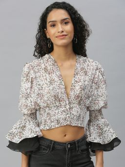 SHOWOFFFF - Women Plunging Neck Floral Off White Regular Top