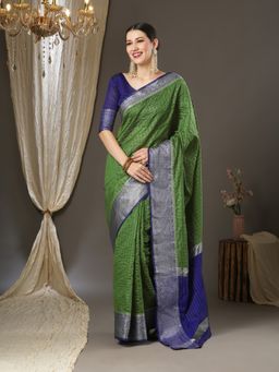Akhilam - Womens Aura Silk Green Woven Designer Saree with Unstitched Blouse