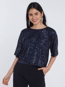 Zink London - Women Navy Soiree Sequined Top