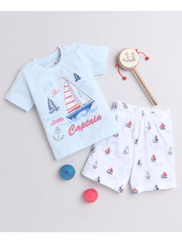 Bumzee - Sky Blue & White Boys Half Sleeves T-Shirt & Shorts