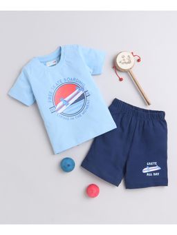 Bumzee - Sky Blue & Navy Blue Boys Half Sleeves T-Shirt & Shorts