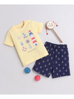 Bumzee - Navy Blue & Yellow Boys Half Sleeves T-Shirt & Shorts