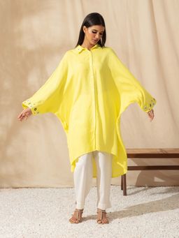 Likha - Yellow Rayon Shirt Dress with Embroidered Dress (Free Size)